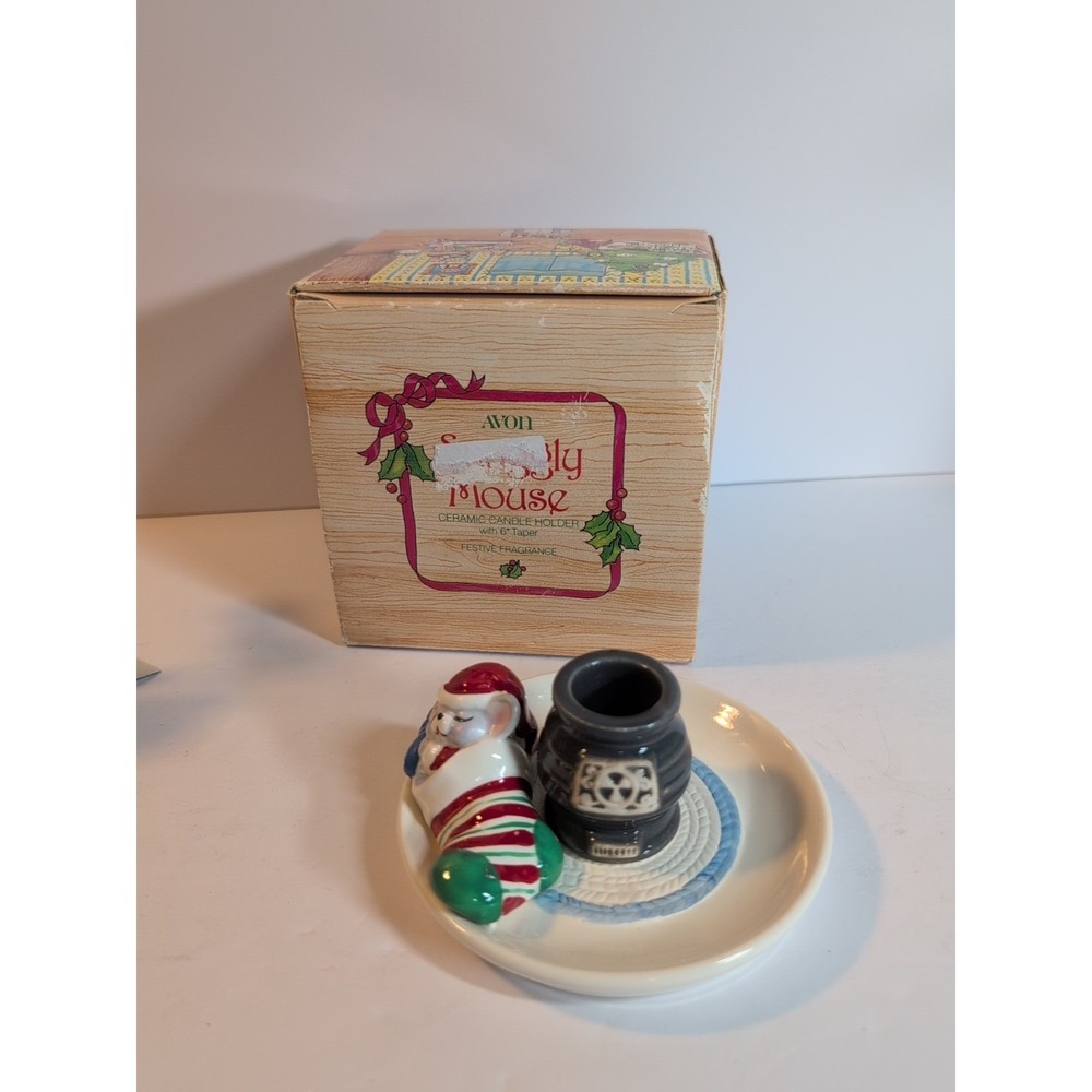Avon Snuggly Mouse Candle Holder Christmas Ceramic Sleeping Pot Belly Stove 1983